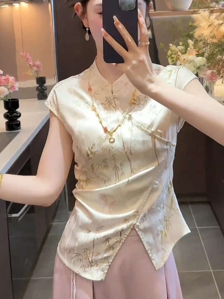 

Новая китайская летняя майка с коротким рукавом, воротником-стойкой и пуговицами, модная, стройнящая, универсальная, больших размеров, женская, для ношения под одеждой