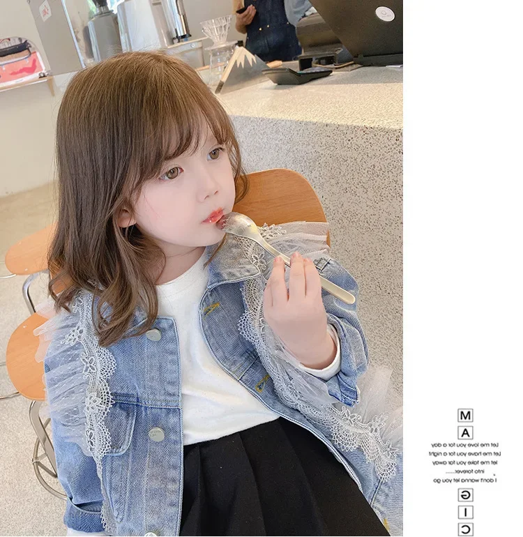 Jackets Girls Lace Decorate Cowboy Coat Spring Fashion Childrens Clothing Outerwear Soild Turn Down Collar Simple 2024