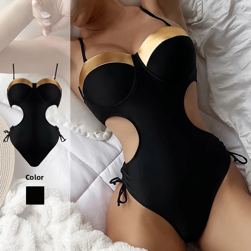 

2024 plus Size Sexy Bal One-Piece Swimsuit Women's High Split Slimming Steel Ring Gathered e Swimsuit Bla Waist...