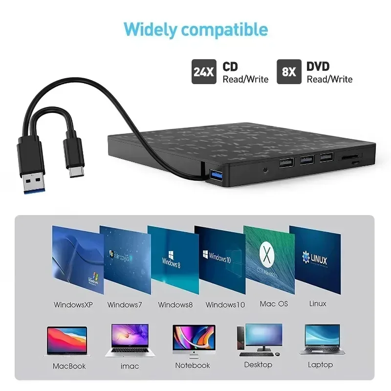 외장 CD/DVD 드라이브, USB 3.0 C 타입, 6 in 1 DVD 드라이브 플레이어, SD/TF 및 USB3.0 슬롯, PC 노트북용 광학 드라이브