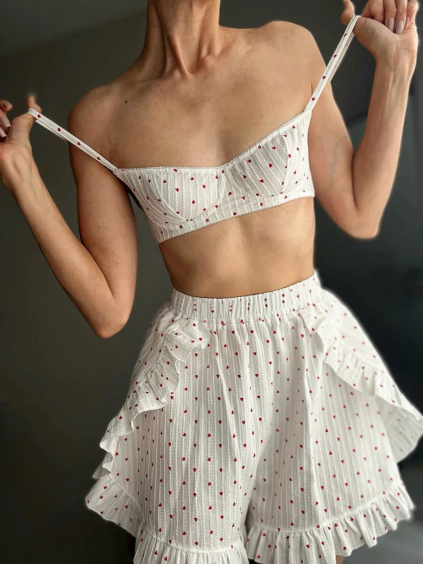 

HiLoc 100% Cotton Heart Print Loungewear Women's Set Spaghetti Strap Bralette Top Ruffles Shorts 2 Piece Summer Pajamas 2026 New