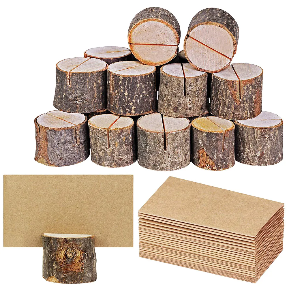 50Pcs Wood Stump Memo Stand Natural Table Number Holder for Wedding Party Photo Menu Card Clip Note Display Paper Tag Clamp