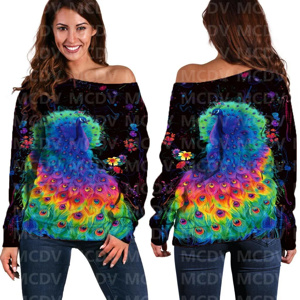 

Women's Off Shoulder Sweater Peacock 3D Printed Women Casual Long Sleeve Sweater Pullover