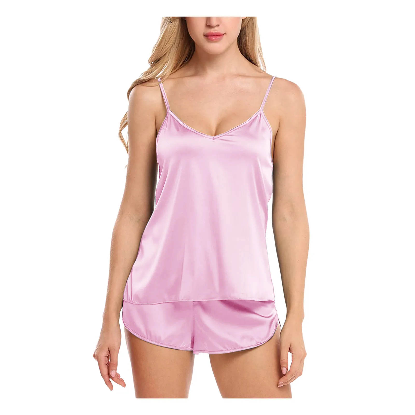 Women’s Sexy Solid Color Lingerie Sleepwear Satin Silk Camisole Shorts Pajamas Set Summer Breathable Soft Lose V-Neck Home Wear