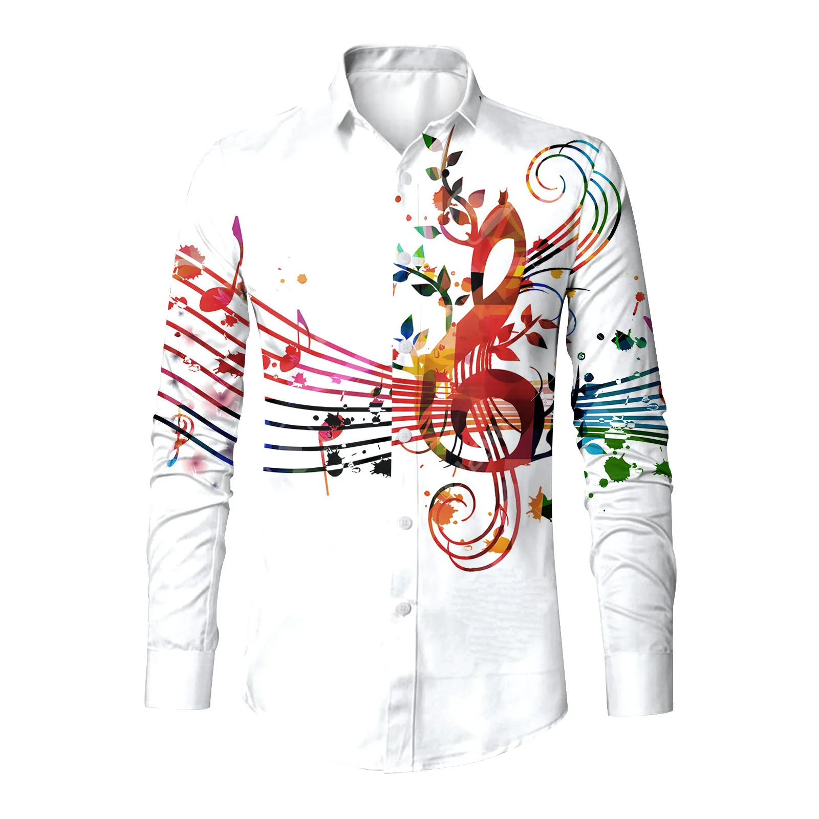 Men White Shirts Music Note Print 3d Digital Print Breathable Long Sleeve Lapel Formal Shirts Social Luxury Designer Shirt Tops