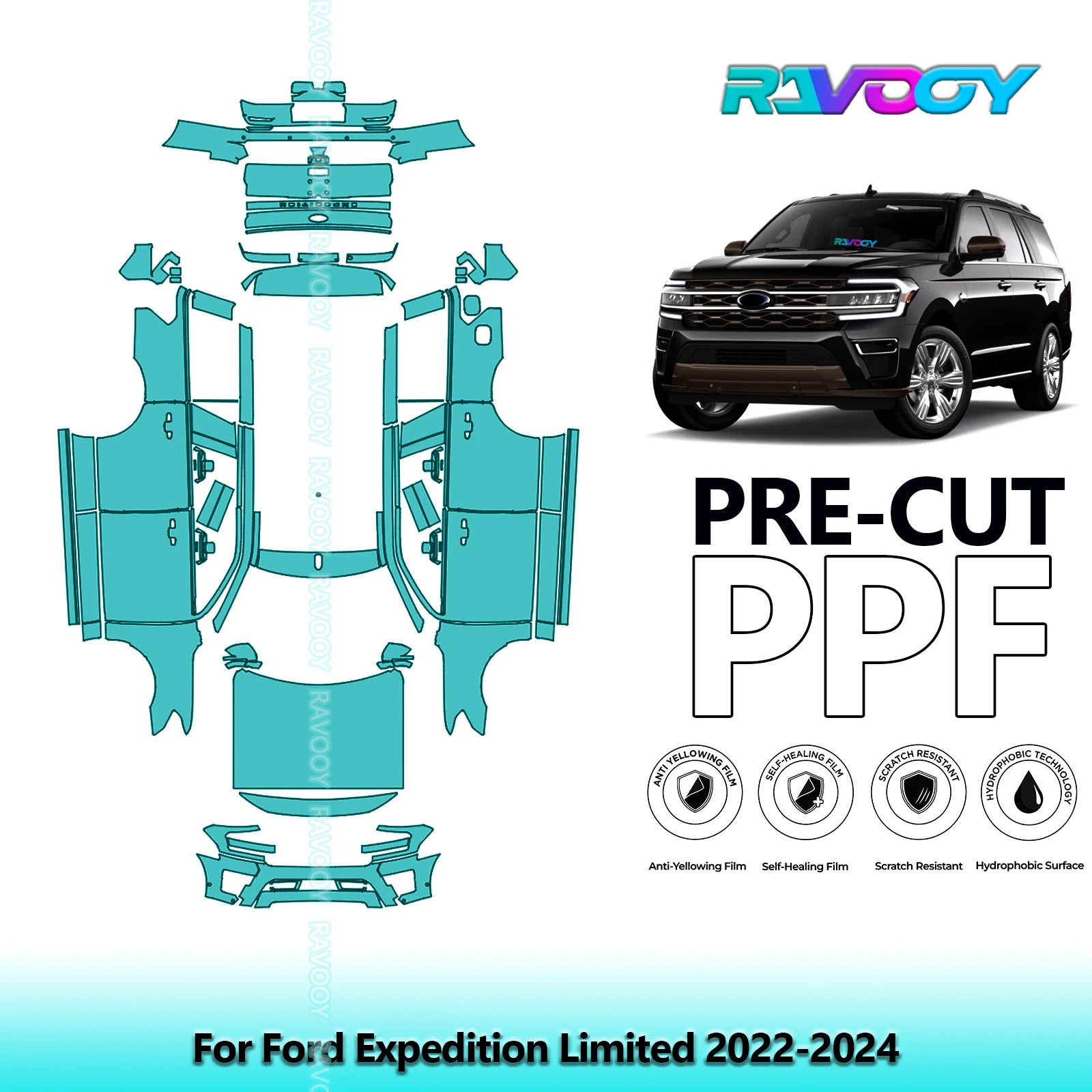 RAVOOY Custom-Fit Precut TPU PPF Full Vehicle Clear Bra Stone Guard EU UK For Ford Expedition Limited 2022-2024