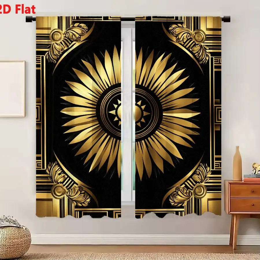 2Pcs Curtains Add 2D Flat Gold Ornate Sunburst Motif With Classical Scrollwork And Greek Key Patterns On Black Background Window
