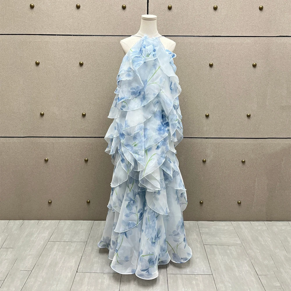 

Женское синее макси-платье с цветочным принтом и бретельками через шею, длинное платье с оборками и открытой спиной, элегантное вечернее платье для вечеринок, новинка лета 2026 Y2K