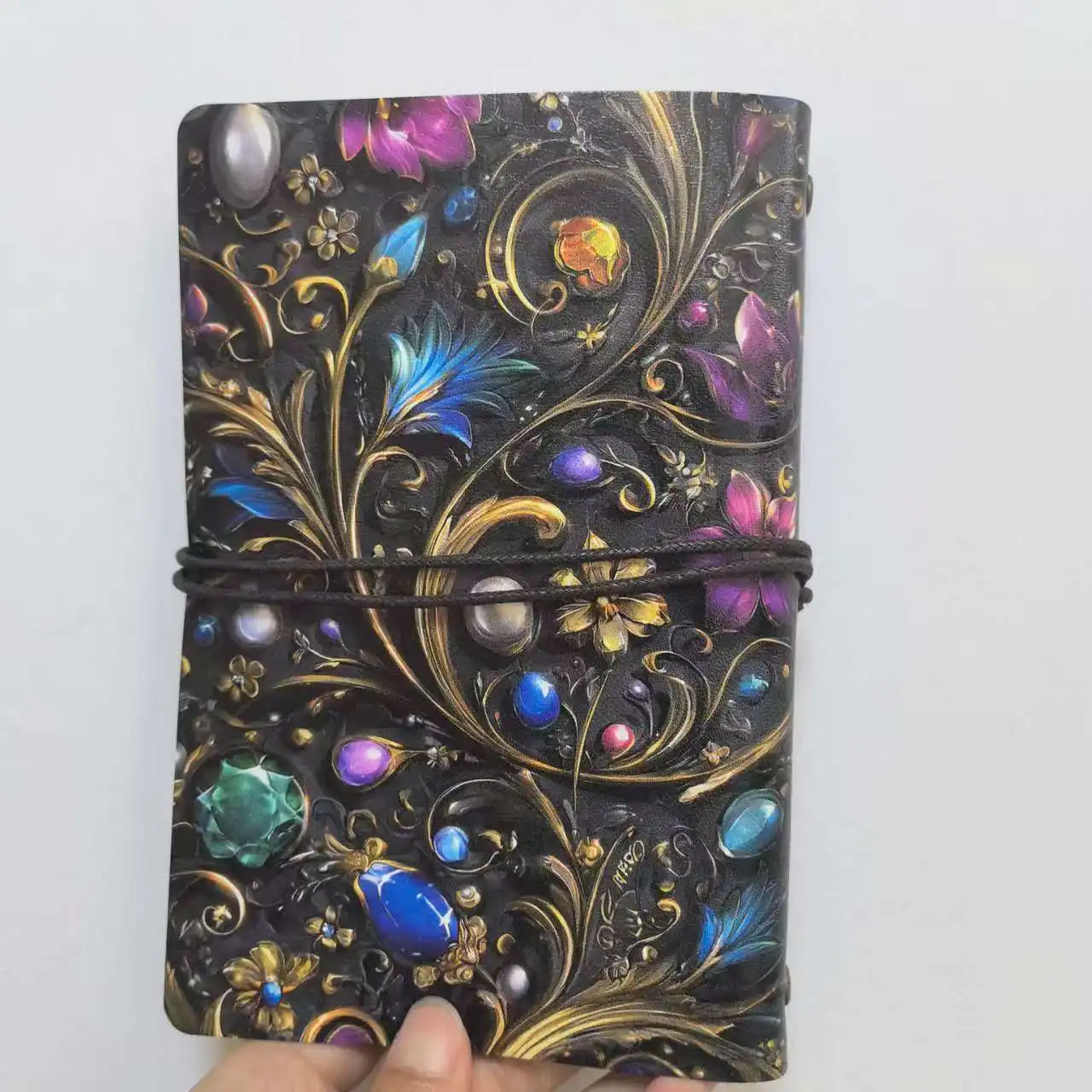 Vintage Luxury Gemstone Floral Embossed Notebook, PU Leather Cover Journal, A6 Size, Elastic Band Closure, Perfect for Travel