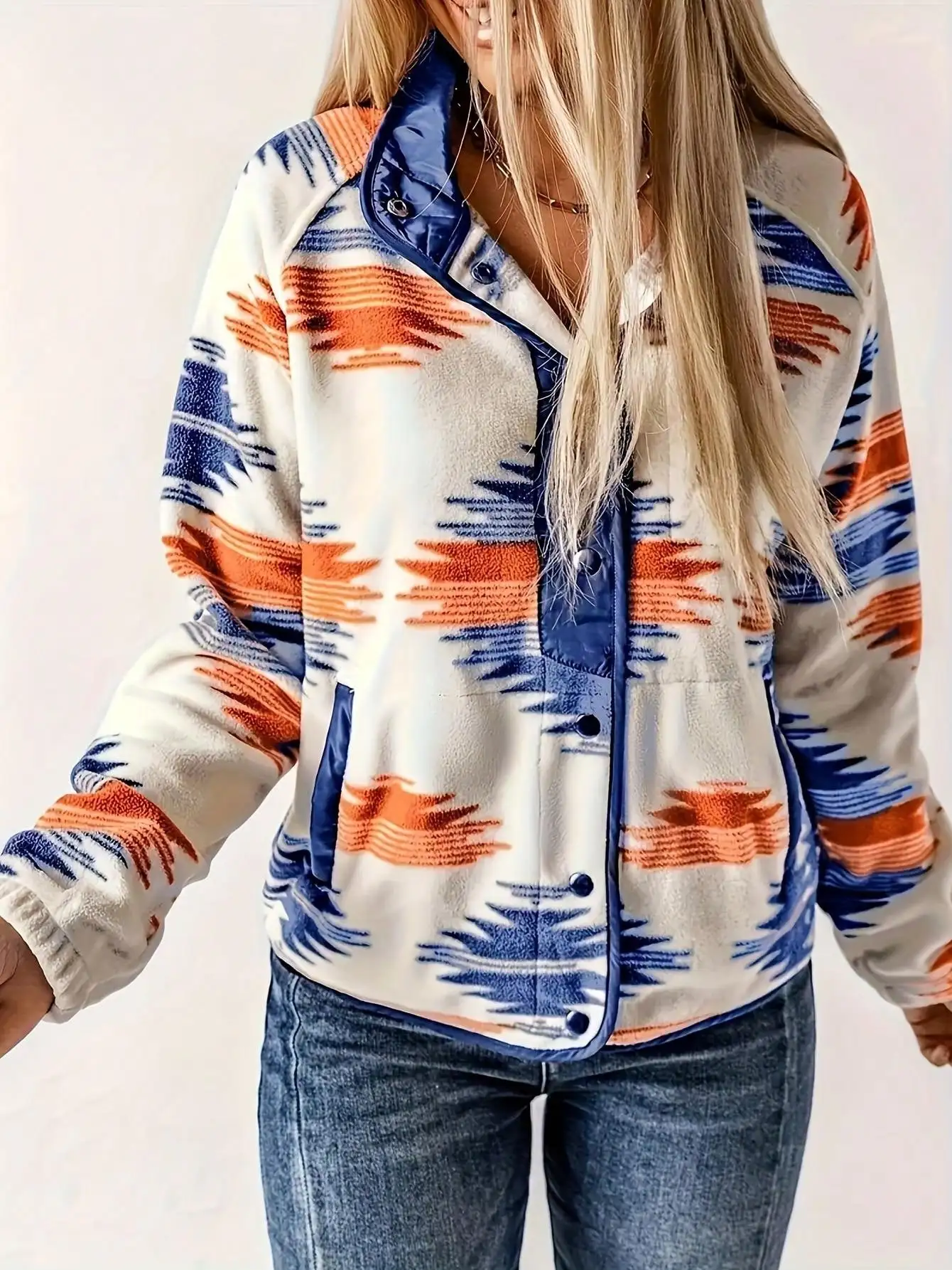 

Women's Fleece Jacket with Geometric Pattern, Loose Fit, Single-Breasted Autumn Coat