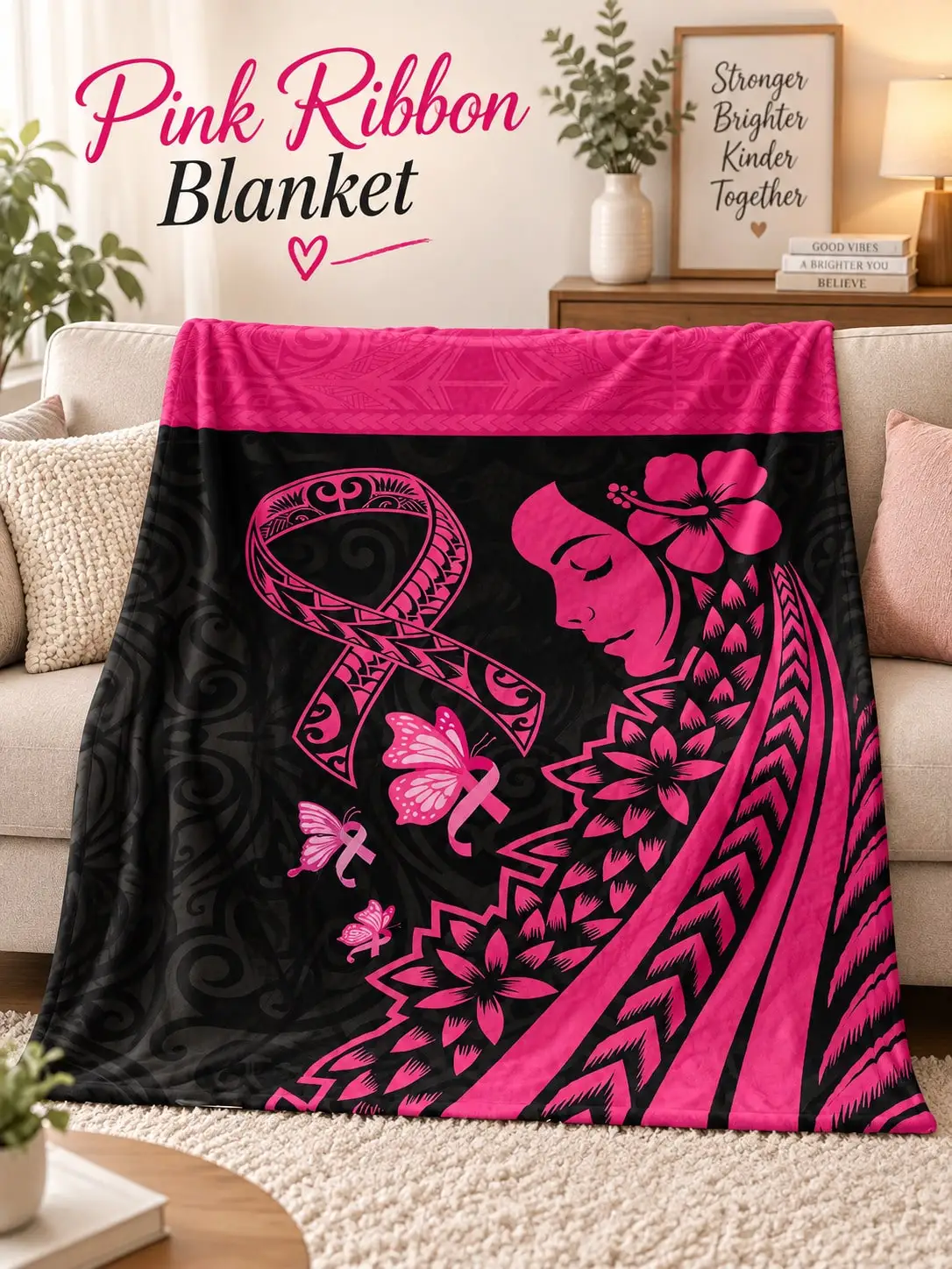 Flannel Blankets & Throws Pink Ribbon Breast Cancer Awareness Butterfly Hibiscus Island Art Design Sofa Couch Bed Nap Travel Home Decor Gift for Family Friends Halloween Thanksgiving Christmas Birthday Bedroom Living Room Camping Picnic RV Office