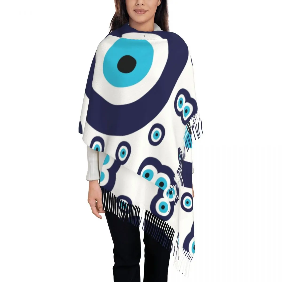 

Темно-синий и Aqua Nazar Evil Eye Lucky Charm Шарф с кисточками Женский мягкий амулет Бохо Шаль Wrap Леди Зимние осенние шарфы
