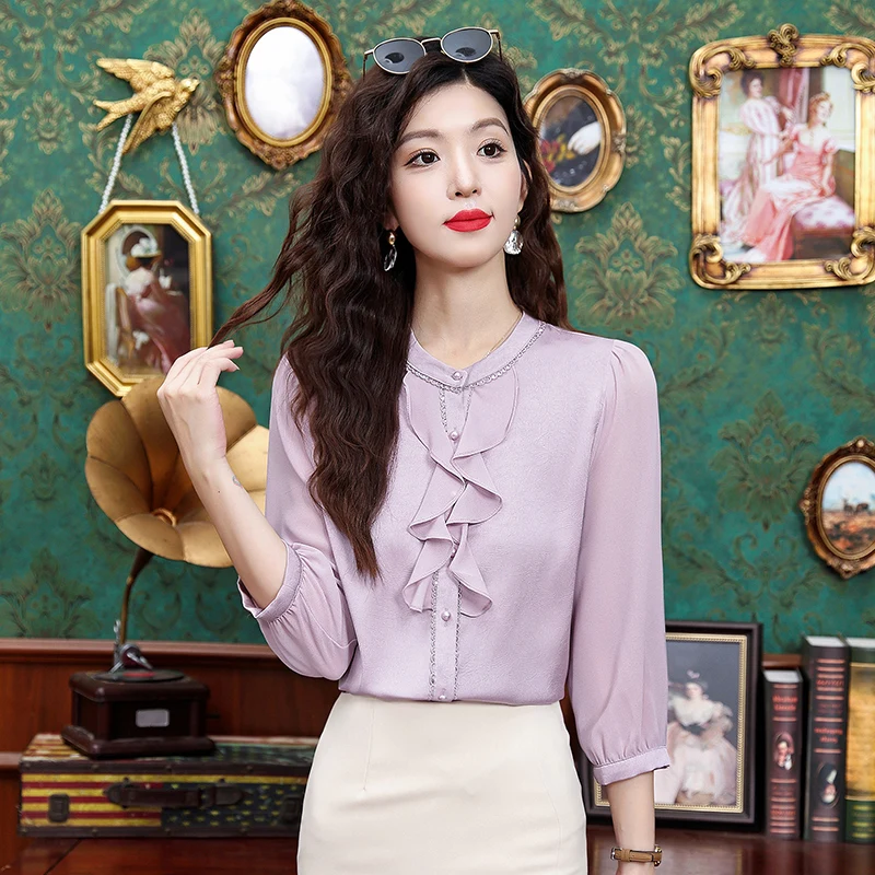 

Vintage Women's Blouses Solid Casual Satin Shirt Fashion Loose Spring/summer Korean Clothing Long Sleeves Ruffles Women Tops