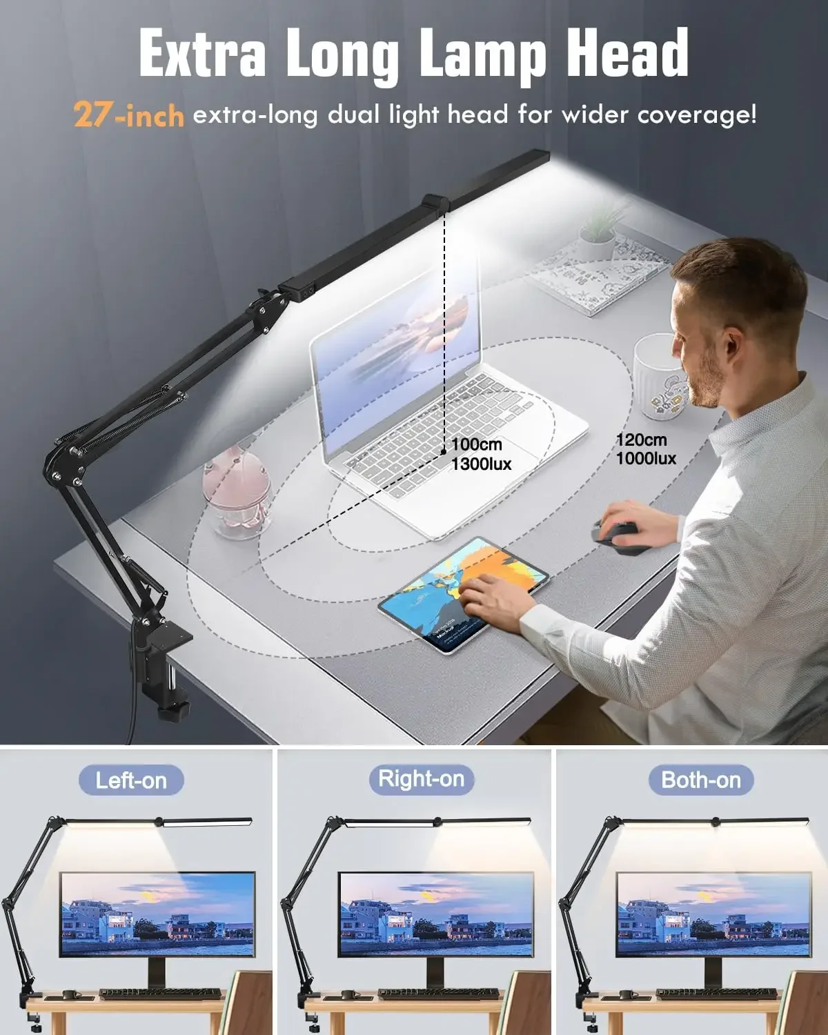 LED Desk Lamps for Home Office 2 in 1 Large Double Head Desk Lamp with Clamp & Base, Remote Control, Dimmable Architect Clip