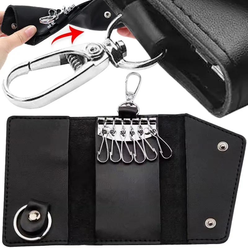 Sturdy Leather Keychain Bag Wear Resistant Built-in Hook Key Wallet Portable Black Card Bag Lightweight Solid Color Key Case