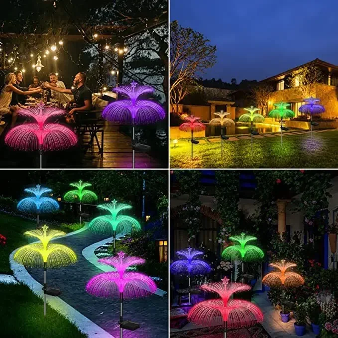 Double Jellyfish Solar Light 7 Gradient Colors Solar Garden Light LED Fiber Optic Lamp Outdoor Waterproof Decoration Ground Lamp