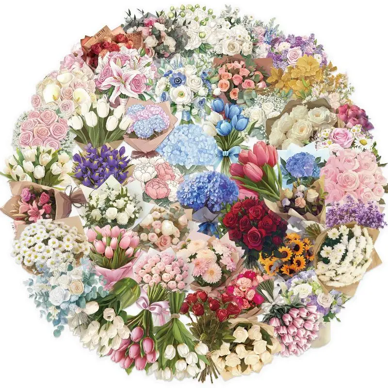 50Pcs Creative Satin Dream Flower Gift Graffiti Stickers ​​DIY Luggage Notebook Water Cup PET Waterproof Decals