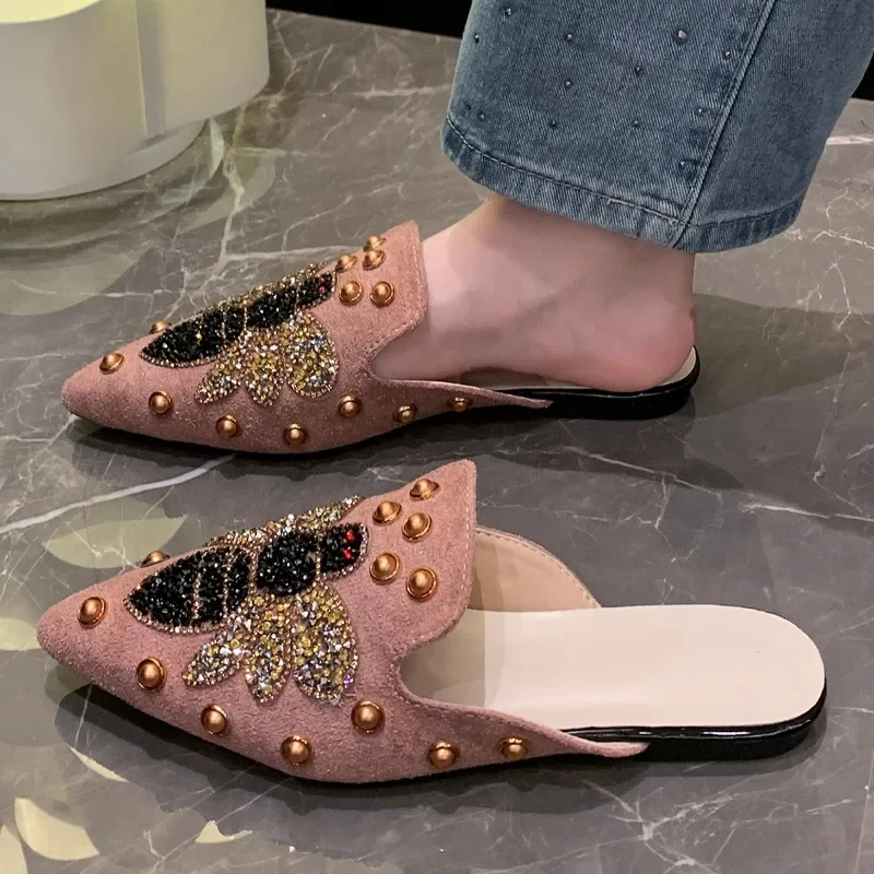 2024 cor sólida verão feminino novo luxo strass marca designer sexy apontou toe mules ao ar livre casual vestido de festa chinelos