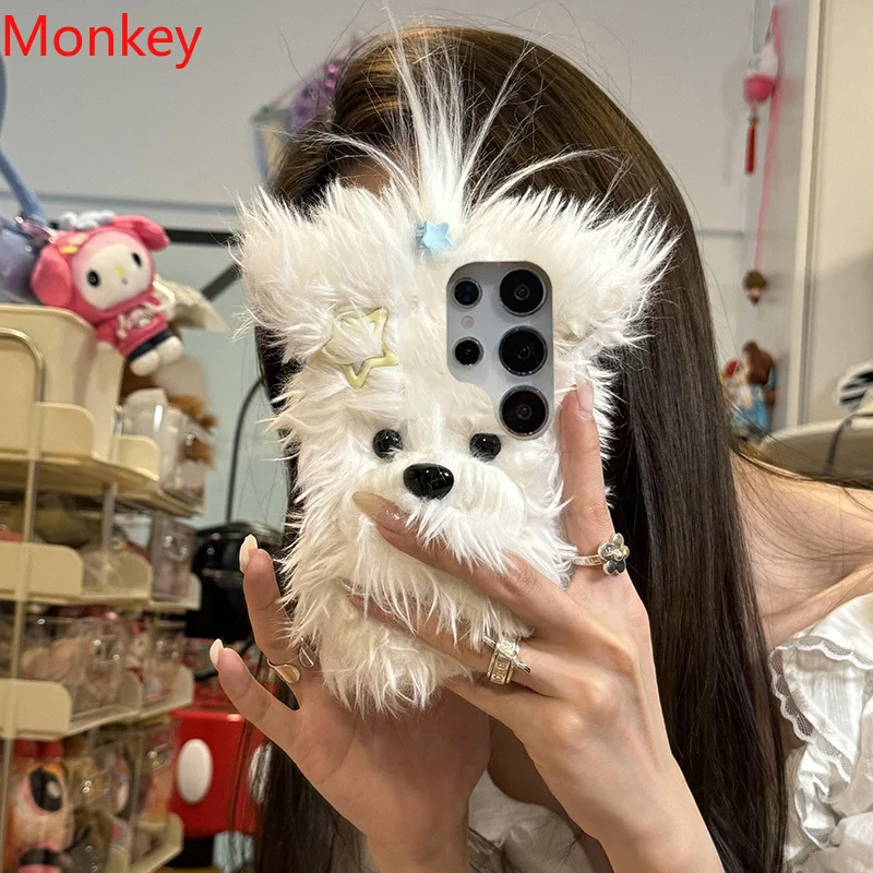 Cute Fluffy Plush Bow Puppy Furry Case For Samsung S25 Ultra S24 FE S23 S22 S21 S20 S10 S9 Winter Warm Fur Soft Protective Cover