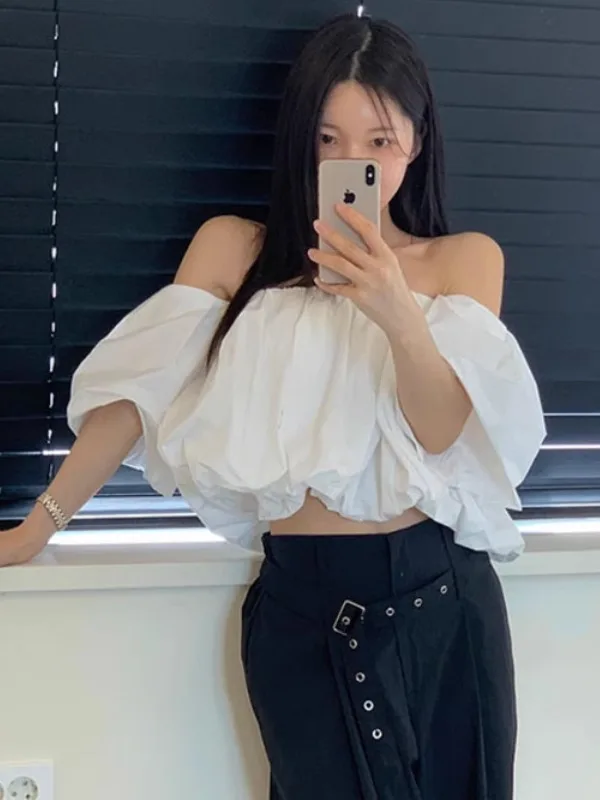 

Women's Bubble Sleeve Short Shirt Korean Style High Waist Cotton Blend Skin-friendly Breathable One-Shoulder Folded Waist