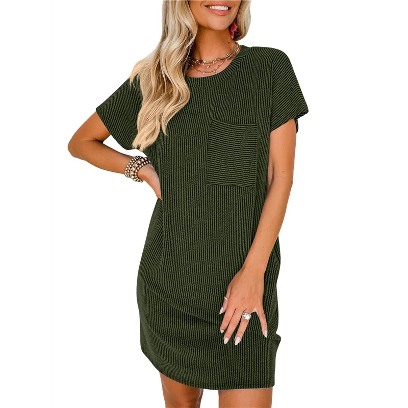 ASDS-Mini robe t-shirt côtelée à manches courtes et col rond pour femme, décontractée, été