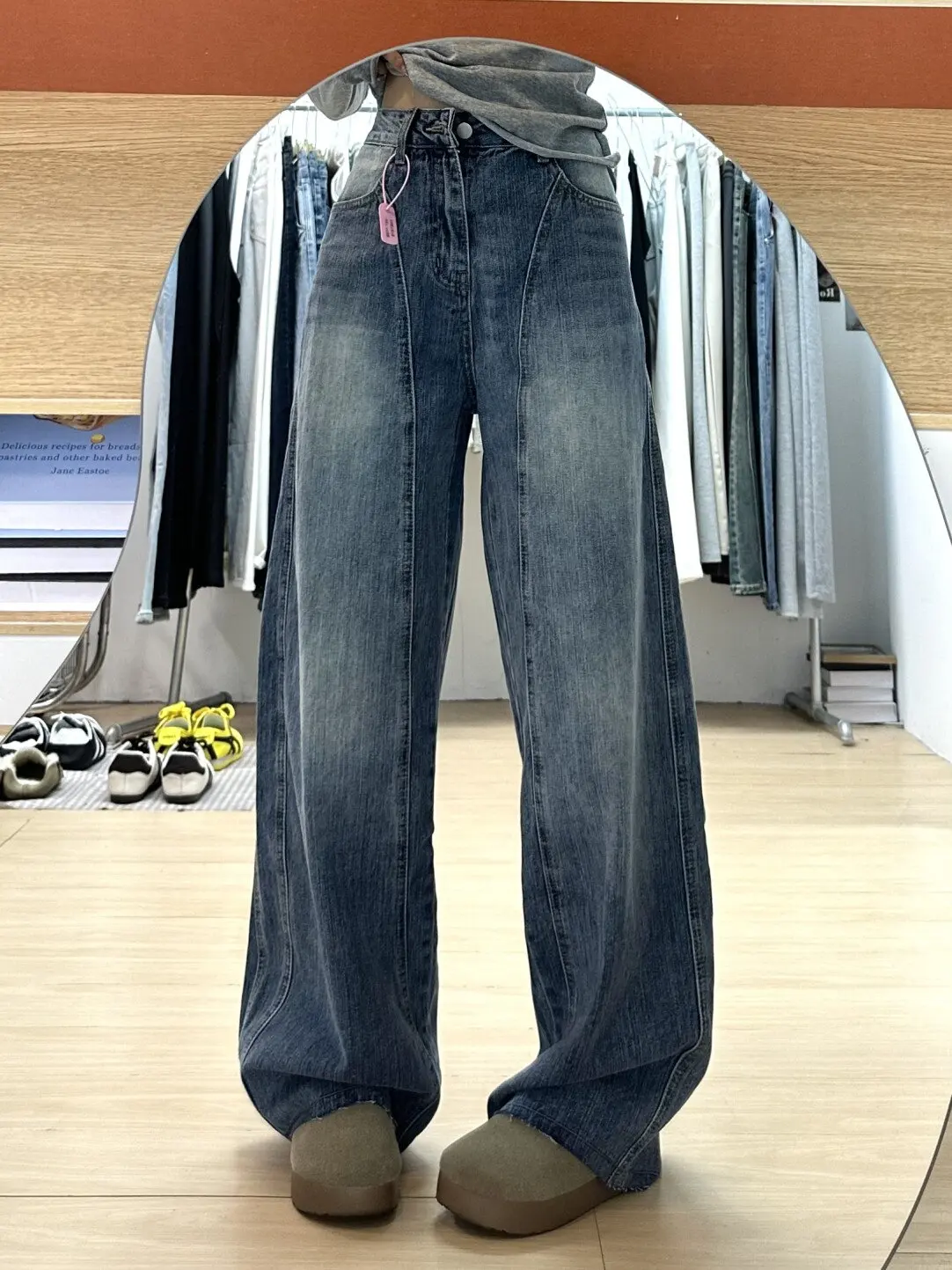 

Свободные широкие джинсы American Sle, женские весенние дизайнерские драпированные брюки с высокой талией, рабочая одежда, джинсовые синие брюки прямого кроя