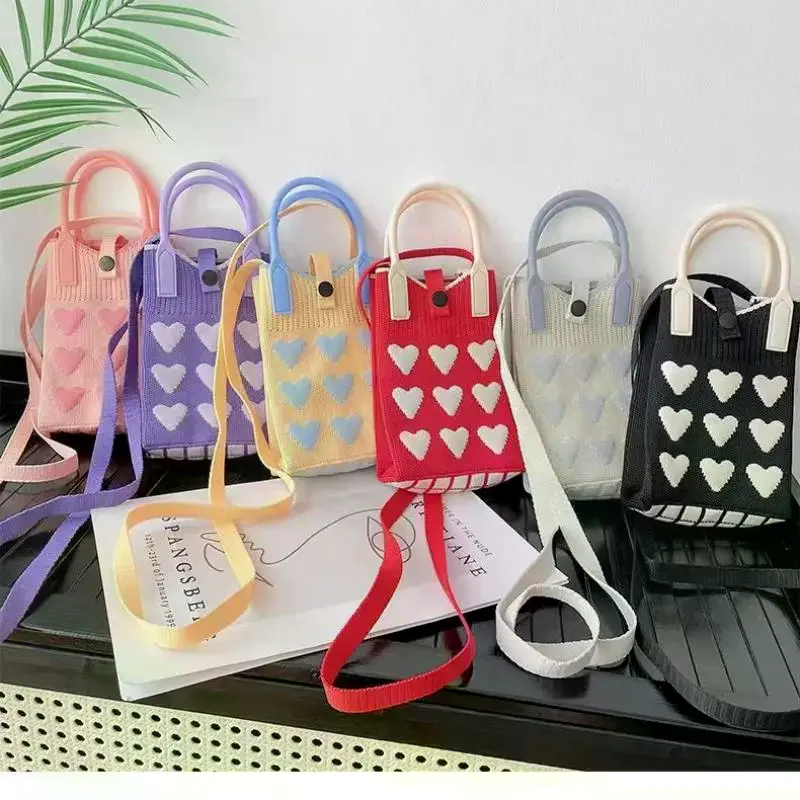 【W】Girls Cute Outdoor Crossbody Bags Korean Fashion Heart Knitted Mini Square Handbag For Women Small Phone Shoulder Bag