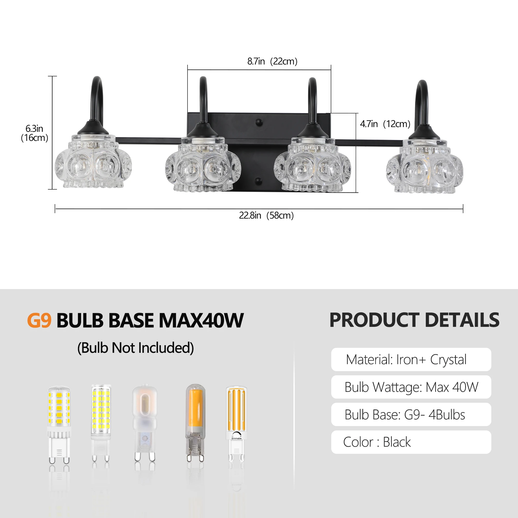 23" Retro 4-Light Bathroom Vanity Light Fixture - Black Finish with Crystal Glass Shades, Wall Mounted Lighting