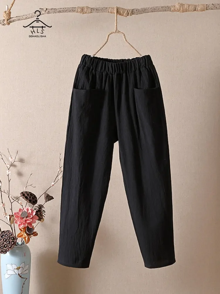 Calf-length Harun Pants Women\'s Summer Thin Cotton Elastic Waist Radish Trousers Casual Loose High Waist Cropped Women\'s Pants