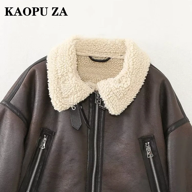 KAOPU ZA 2024 Winter Women\'s Streetwear Faux Sheepskin Fur Bomber Jacket with Belt Double-sided Fleece Zipper Pocket Warm Overco