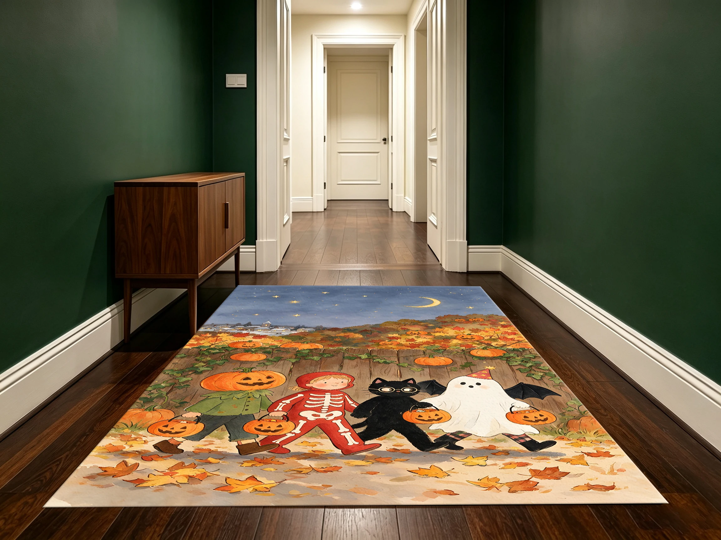 Velvet Rug Halloween Pumpkin Moonlight Maple Leaf Retro Style for Entryway Bedroom Living Room Home Decor