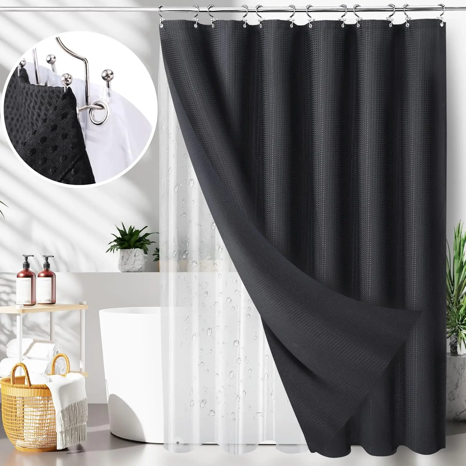 

72"W x 72"L Waterproof Waffle Weave Shower Curtain with 12 Stainless Steel Hooks Fabric Dustproof Curtain Home Bath Accessories
