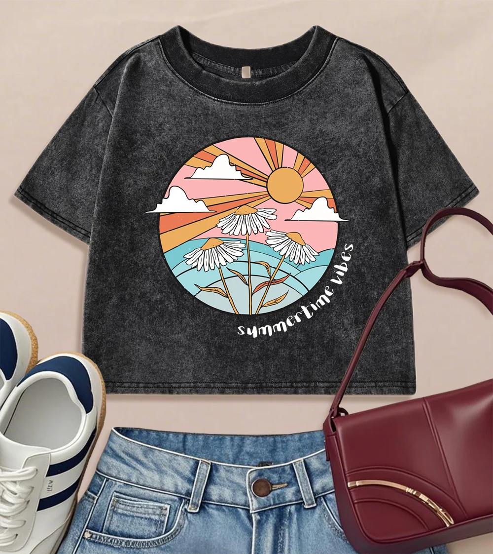 

Summertime Beautiful Flowers Print Washed T-Shirt Women Summer Casual T Shirts Slim O-Neck Crop Clothes Y2K Cotton Vintage Top