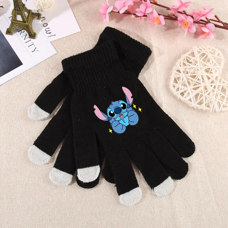 Stitch Knitted Gloves Disney Touch Screen Full Finger Gloves Warm Solid Color Thick Touch Screen Skiing Outdoor Cycling Glove