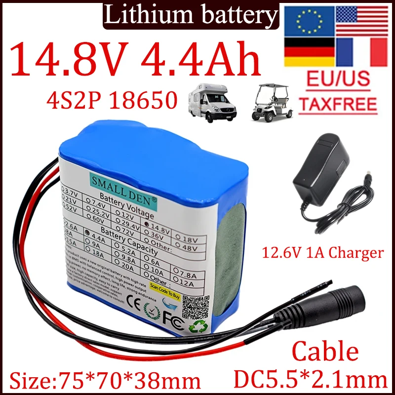 4S2P 14.8V 4.4A 18650 lithium battery pack Built-in 10A BMS, night fishing lights, speakers, radios，14V battery+16.8V 1A charger