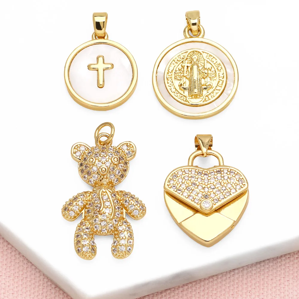 OCESRIO White Shell Cross Pendant for Necklaces Copper Gold Plated Cute Bear Heart Envelope Jewelry Making Supplies pdtb565