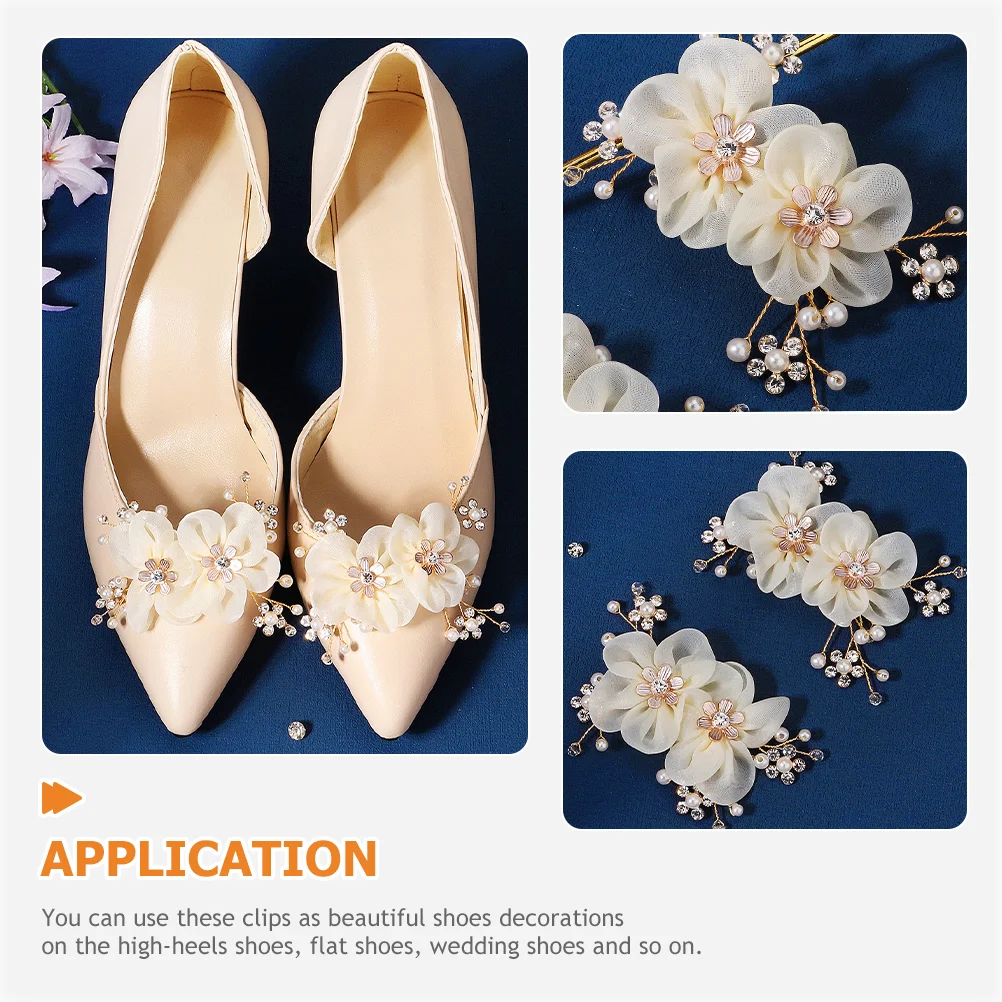 2 Pcs Bridal Shoes Flower Buckle Jewelry Clips Rhinestone Embellishments Detachable Golden Bride