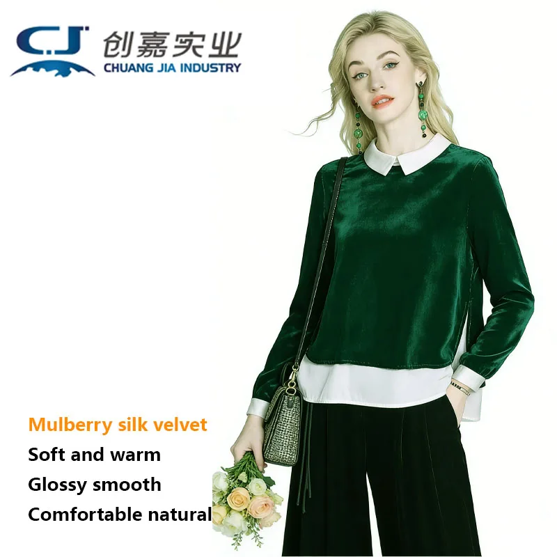 

100% роскошная женская футболка из шелкового бархата с воротником поло и цветовыми блоками, модная женская одежда, удобный дышащий топ