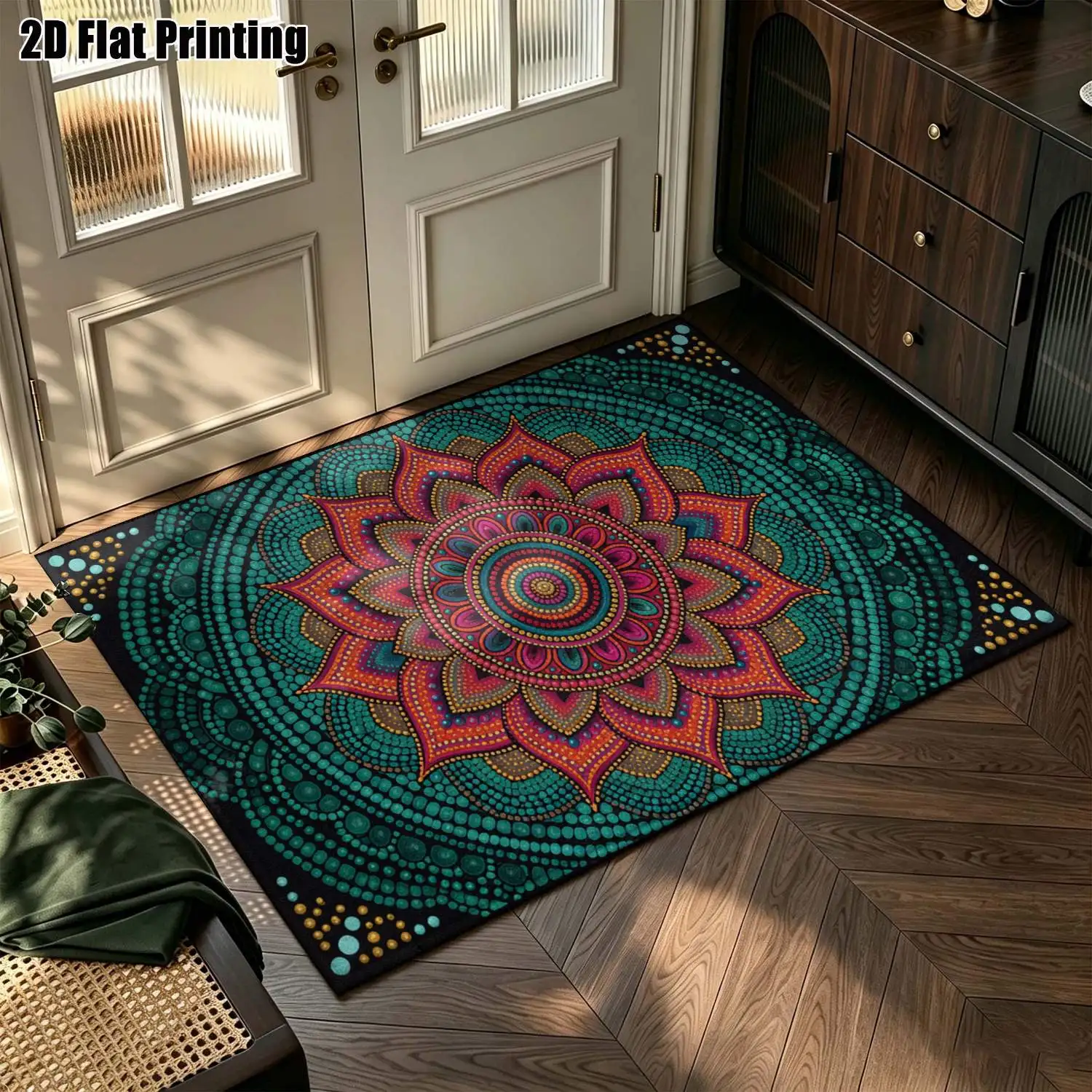 1Pc 2D Printed Carpet: Dark Green Red Bohemian Mandala Pattern, Retro European Style, Machine Washable, Multi-Size Home Decor Mat
