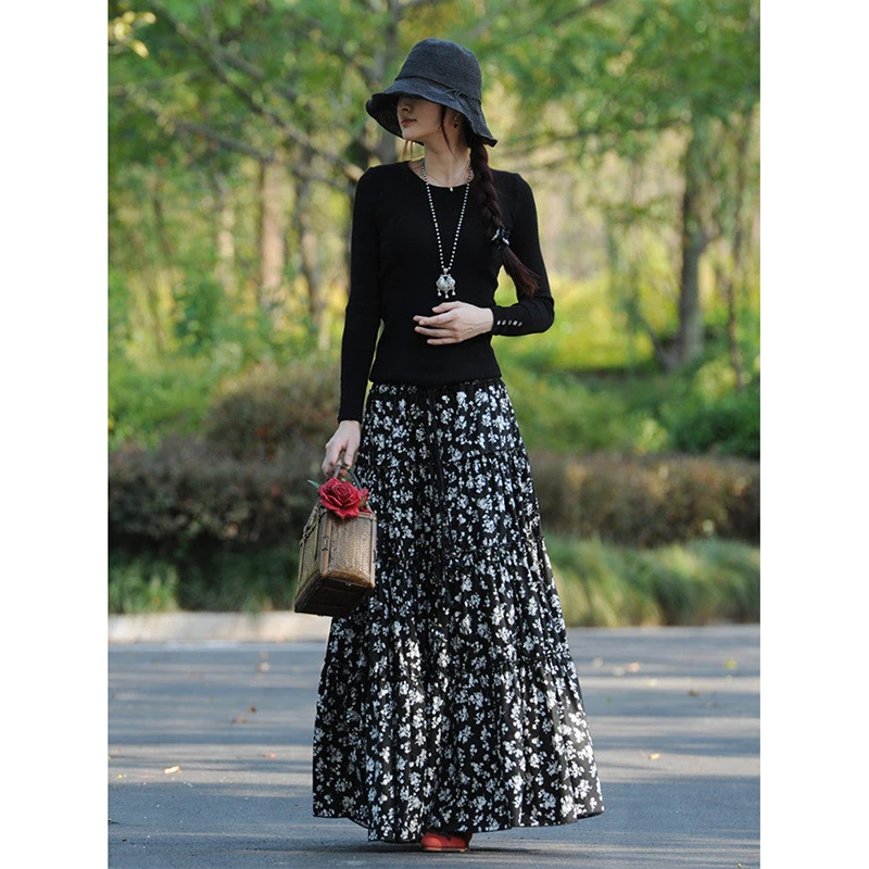 2026 New Arrival Spring & Autumn Women Casual Loose Floral Print A-line Skirt Good Quality Cotton Ankle-length Skirts T148