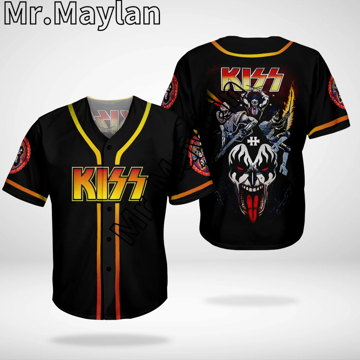 Camiseta con estampado de béisbol 3D de Rock Kiss Band, camisa de béisbol con calavera negra, dorada y roja, Tops de hip hop, novedad de 2023