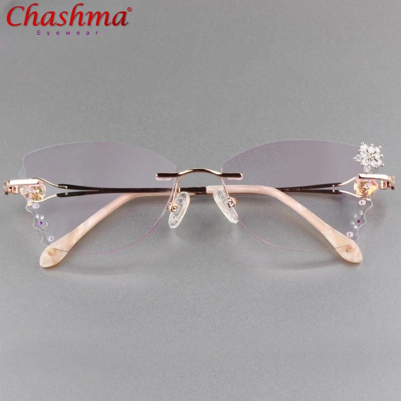 

Butterfly Female Eye Glasses Titanium Gray Red Lens Diamond Trimmed Rimless Spectacle Frames Women Sunglasses Tint Lenses