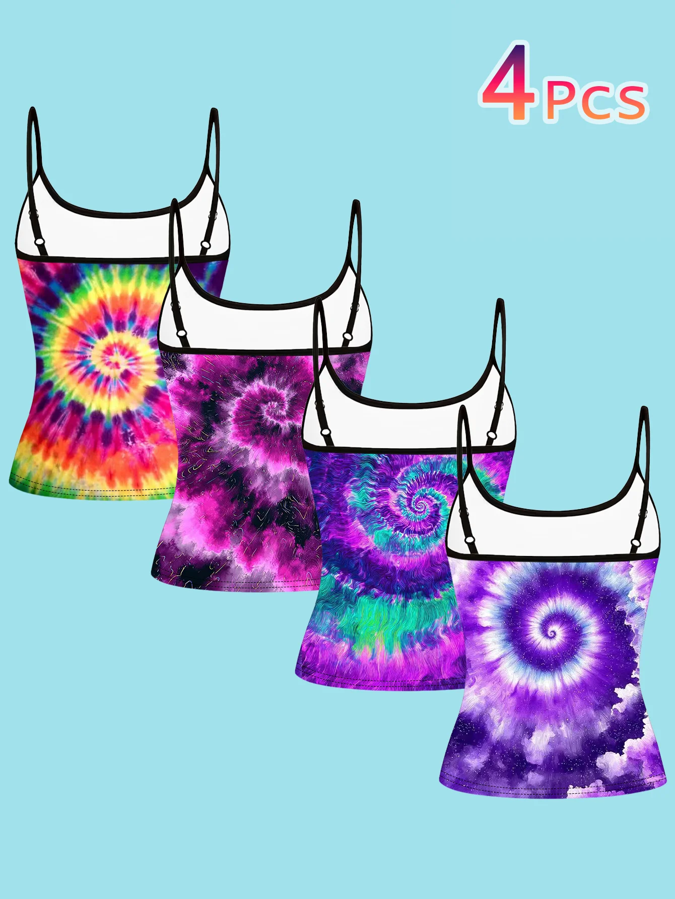 4-Piece Set of Women's Spaghetti Strap Camisoles with Colorful Spiral Swirl Tie-Dye Starry Sky Gradient Print Slim Fit Sleeveless Tops