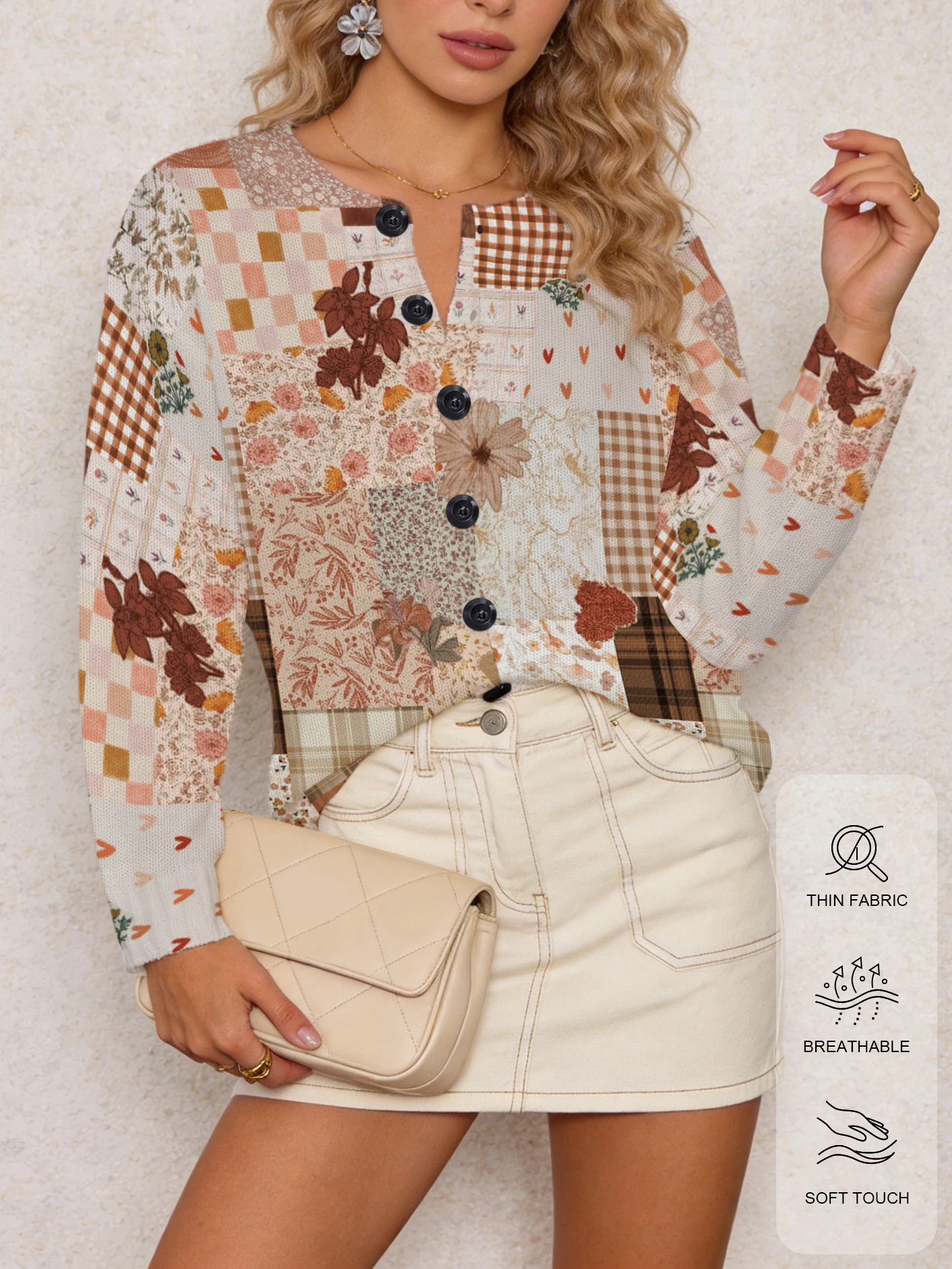 

Fashionable Women's Knit Top, Autumn and Winter Round-Neck Cardigan, Vintage Patchwork Color-Blocking Pattern, Non-Positioned Print, Bohemian Style, Suitable for Daily Commuting and Vacation