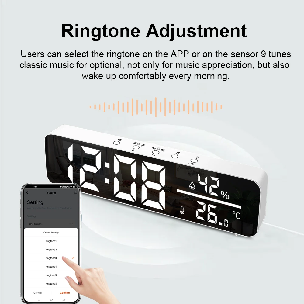 Tuya WiFi LED Wecker Unterstützung Temperatur Feuchtigkeit Sensor Zeit Display USB Desktop Spiegel Uhren für Wohnzimmer Dekoration – Detail 8
