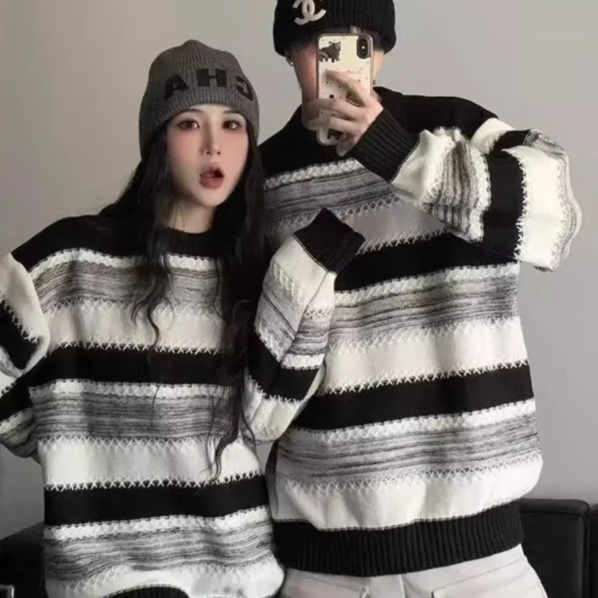 

Laid-ba Sle Oversize Knitwear Sweater Striped Design Casual Loose Fit Men's And Women's Faion Autumn Winter Top