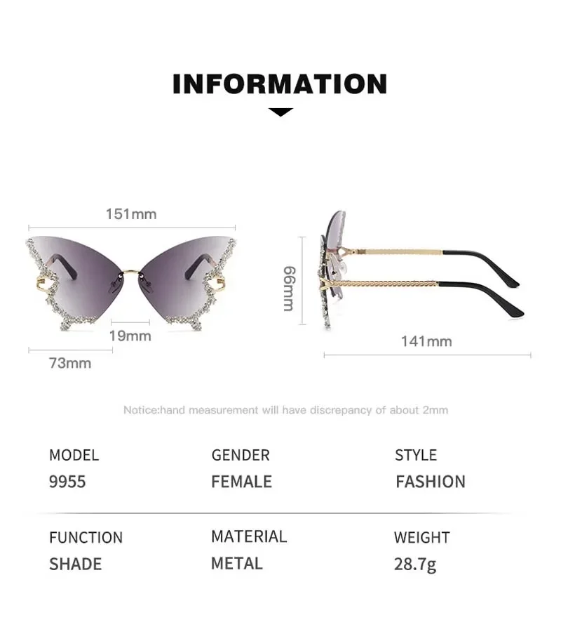 New Trendy Butterfly Ladies Sunglasses Personality Ins Diamond Sun Shades Eyeglasses Hip Hop Fashion Rimless UV400 Goggles