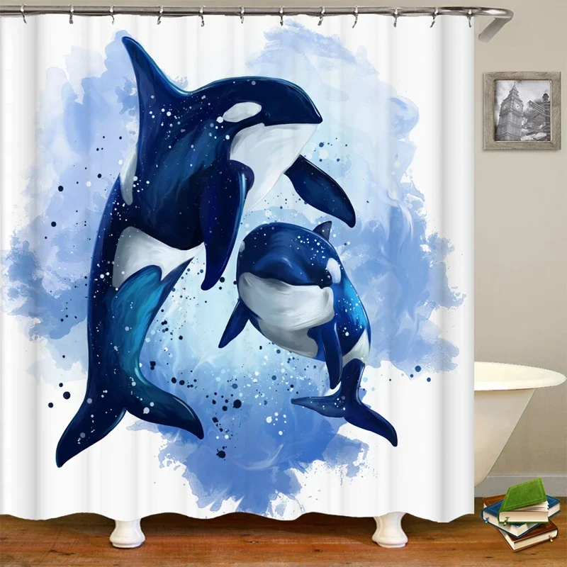 Dolphin Shower Curtain Sea Theme Shower Curtain Hook Washable Dolphin Waterproof 3D Animals Shower Curtain for Bathroom Decor