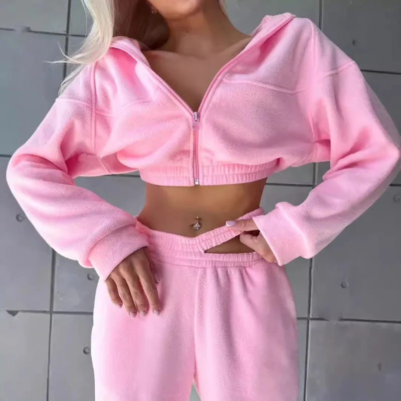 

Casual Women's Fashion Set Solid Color Long Sleeve Zipper Fleece Sweatshirt Double Waist Long Pants Two-piece Set