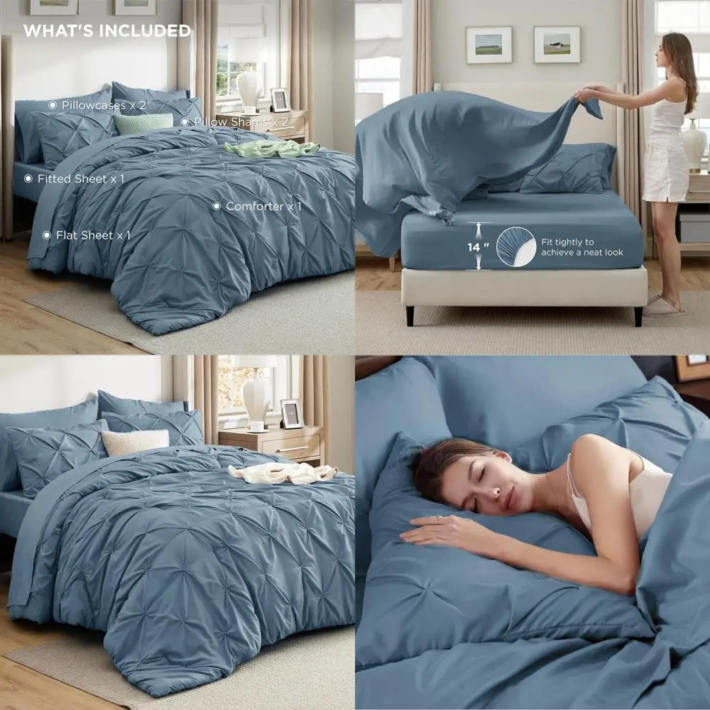 

7-Piece Mineral Blue Queen Comforter Set with Pintuck Design, Bedding Gift, Includes Sheets, Pillowcases & Shams